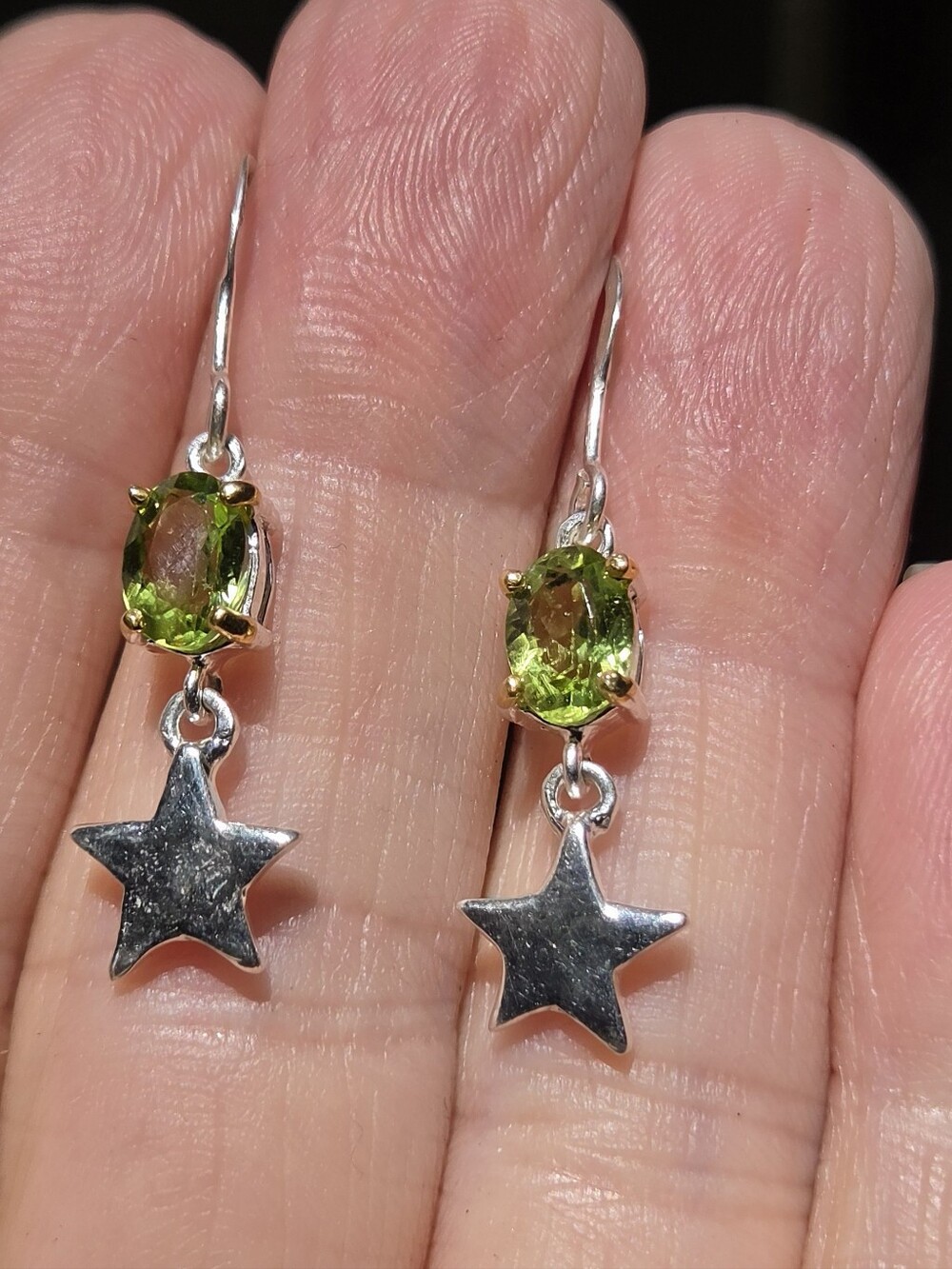 Peridot Natural 3k Gemstones Sterling Silver & Gold Star Hook Earrings - Picture 3 of 9